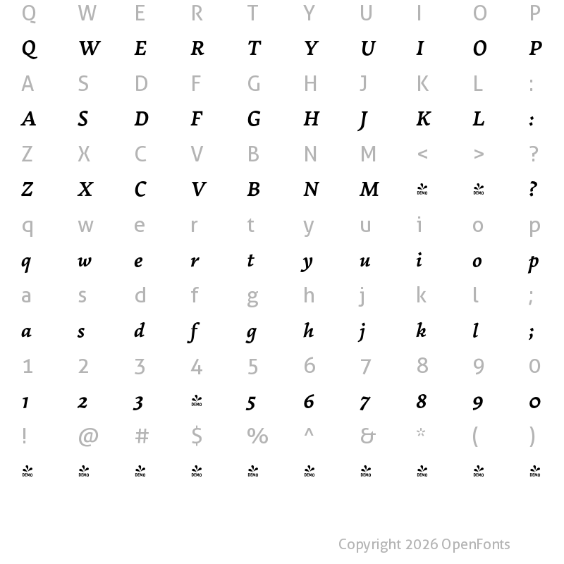 Character Map of FONTSPRING DEMO - Garibaldi Bold Italic