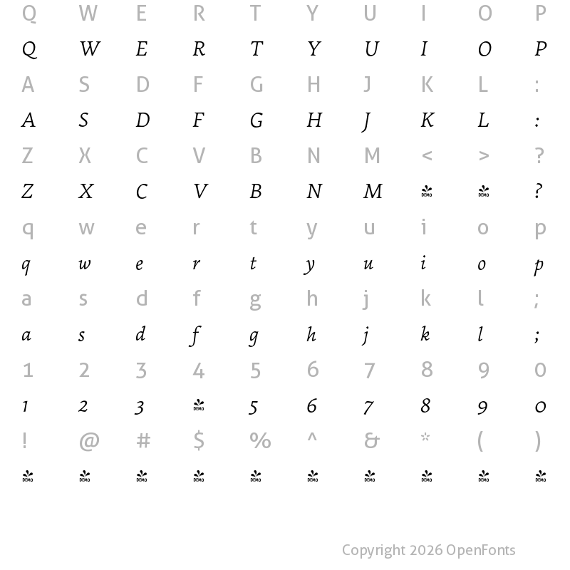 Character Map of FONTSPRING DEMO - Garibaldi Italic