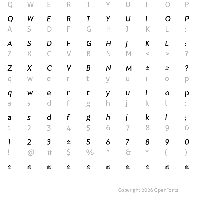 Character Map of FONTSPRING DEMO - Garrison Medium Oblique Regular