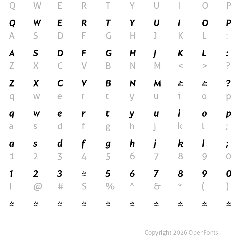 Character Map of FONTSPRING DEMO - Garrison SemiBold Italic Regular