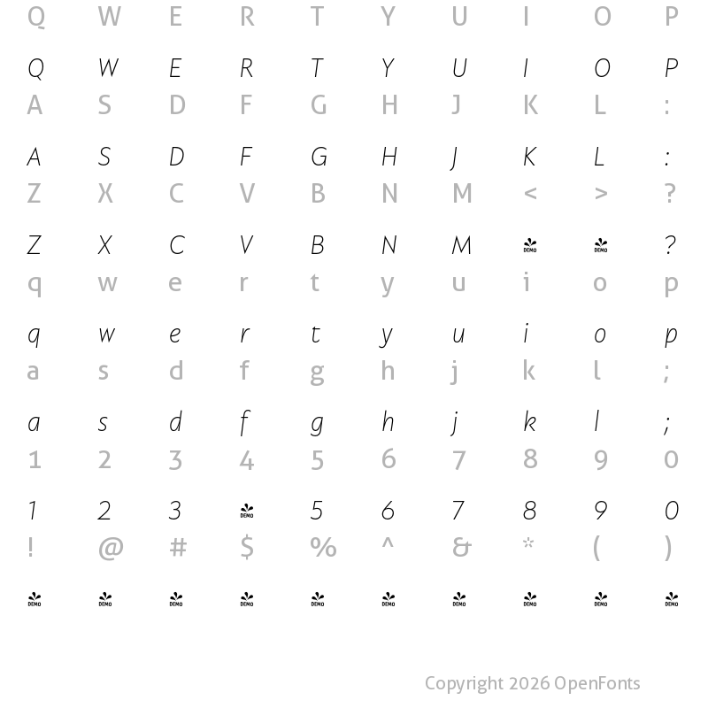 Character Map of FONTSPRING DEMO - Garrison Thin Italic Regular