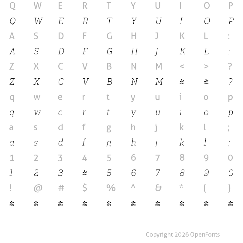 Character Map of FONTSPRING DEMO - Gaspo Slab Thin It Regular