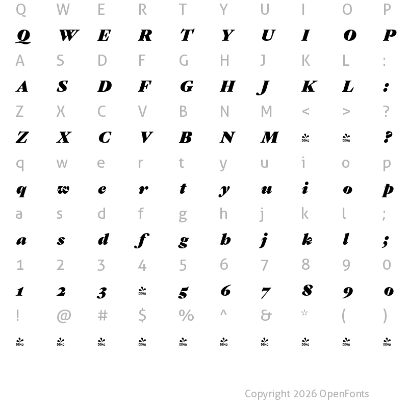 Character Map of FONTSPRING DEMO - Gastromond Italic