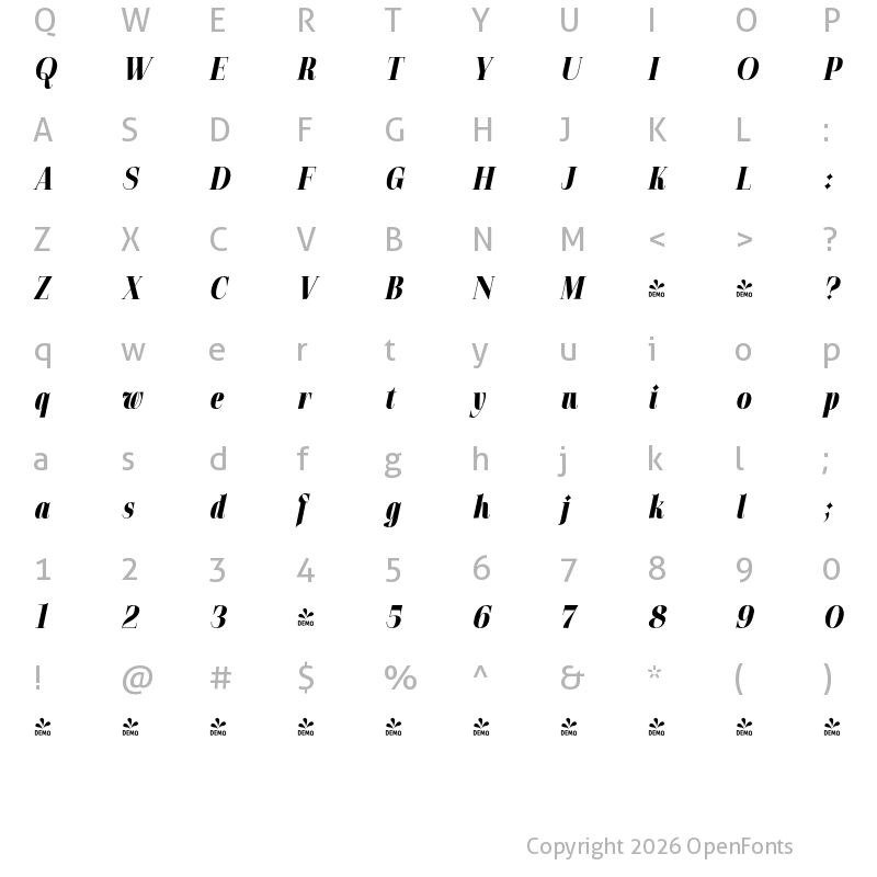Character Map of FONTSPRING DEMO - Gatara Black Italic Regular