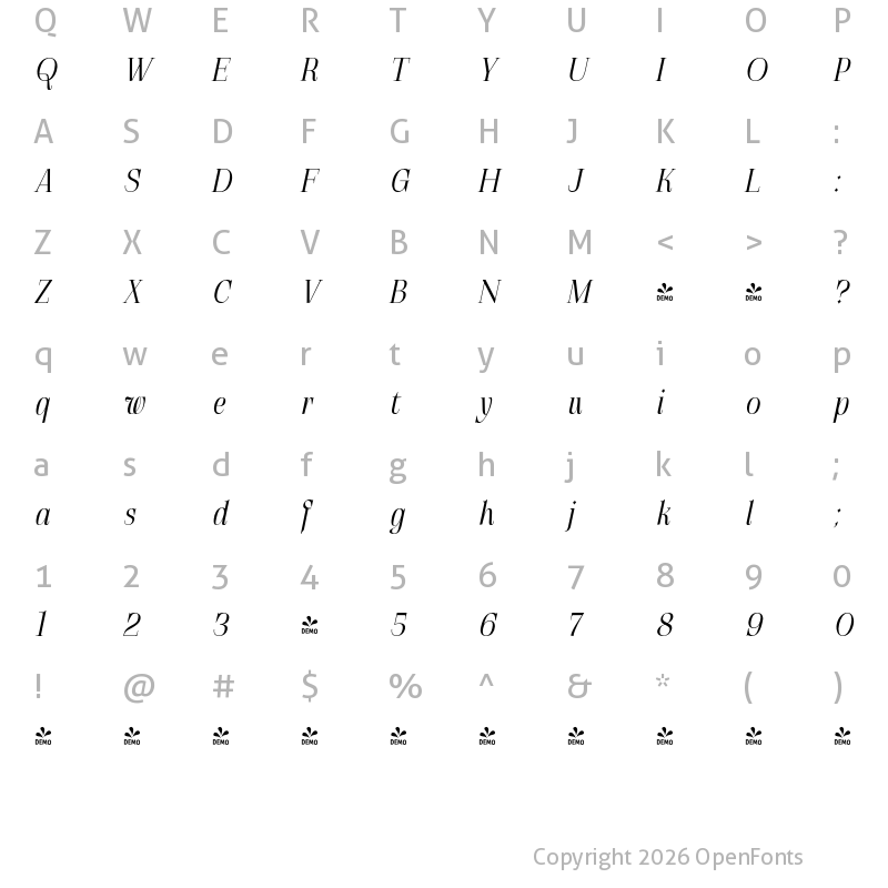 Character Map of FONTSPRING DEMO - Gatara Regular Italic Regular