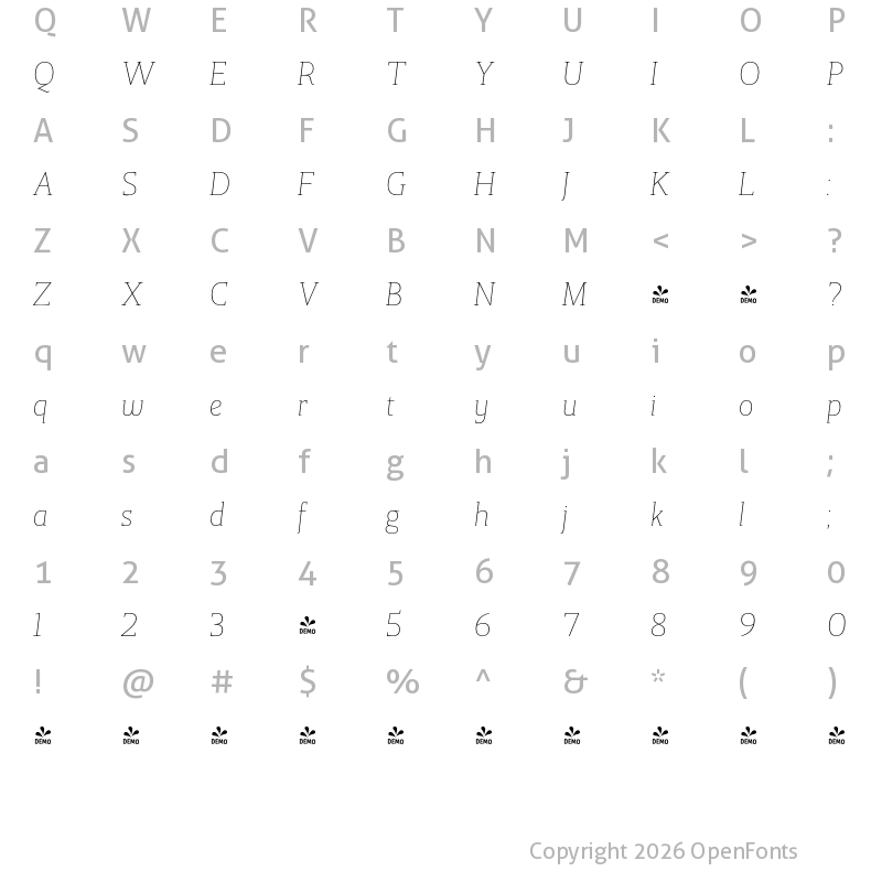 Character Map of FONTSPRING DEMO - Gazeta Slab Extra Light Italic