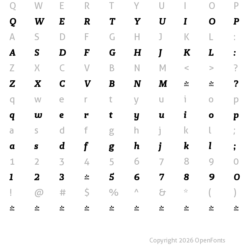 Character Map of FONTSPRING DEMO - Gazeta Slab SemiBold Italic Italic