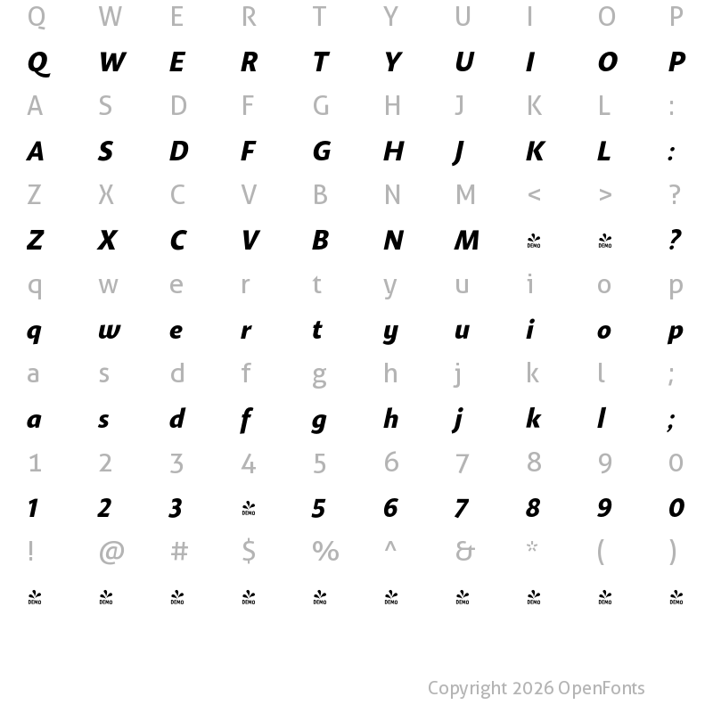 Character Map of FONTSPRING DEMO - Gelato Sans SemiBold Italic