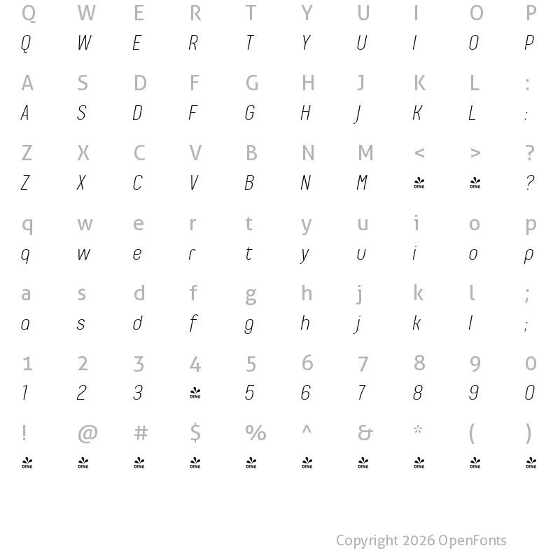 Character Map of FONTSPRING DEMO - Genesa Light Italic