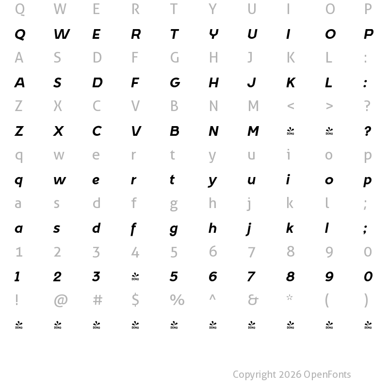 Character Map of FONTSPRING DEMO - GeoDeco Bold Italic