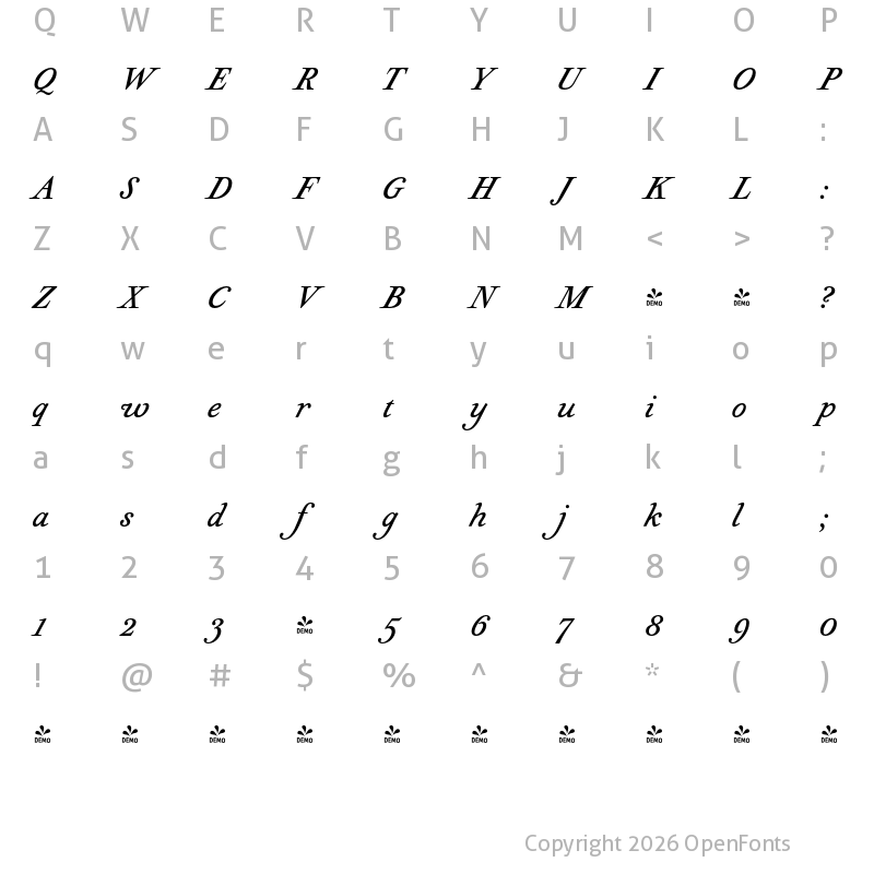 Character Map of FONTSPRING DEMO - Geographica Italic