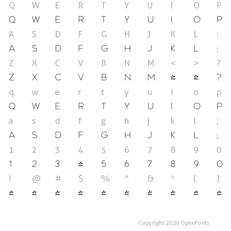 Character Map of FONTSPRING DEMO - Geometos Soft Extra Light Regular