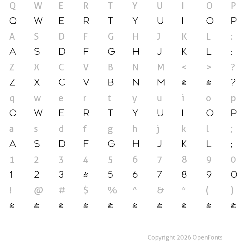 Character Map of FONTSPRING DEMO - Geometos Soft Light Regular