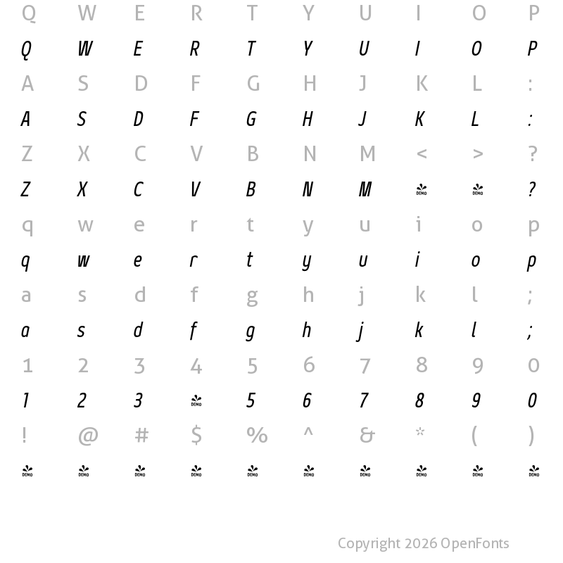 Character Map of FONTSPRING DEMO - Geon Condensed Italic