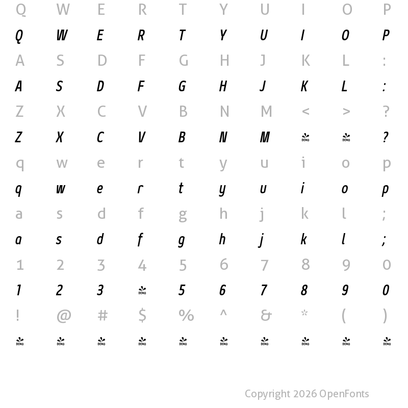 Character Map of FONTSPRING DEMO - Geon Condensed Medium Italic