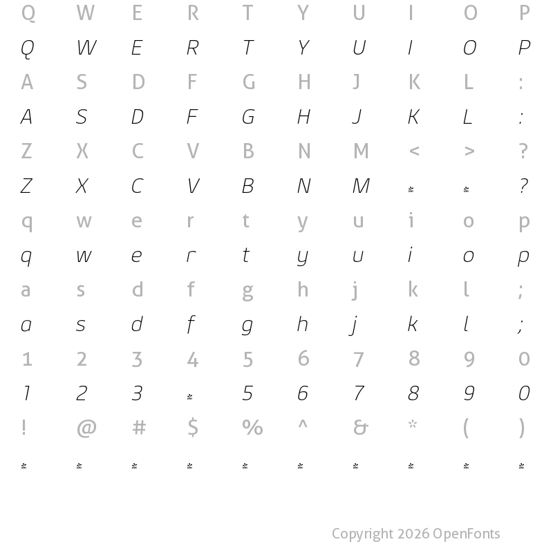 Character Map of FONTSPRING DEMO - Geon Soft ExtraLight Italic