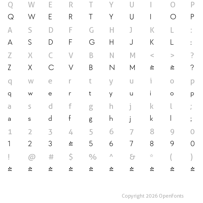 Character Map of FONTSPRING DEMO - Geraldton Light Regular
