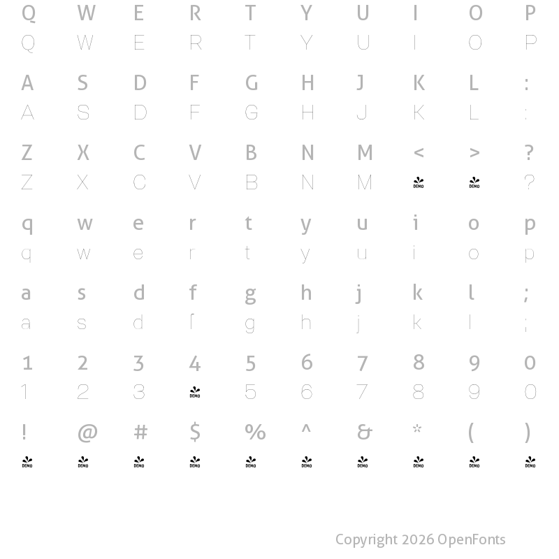 Character Map of FONTSPRING DEMO - Gerlach Sans 100 Hairline