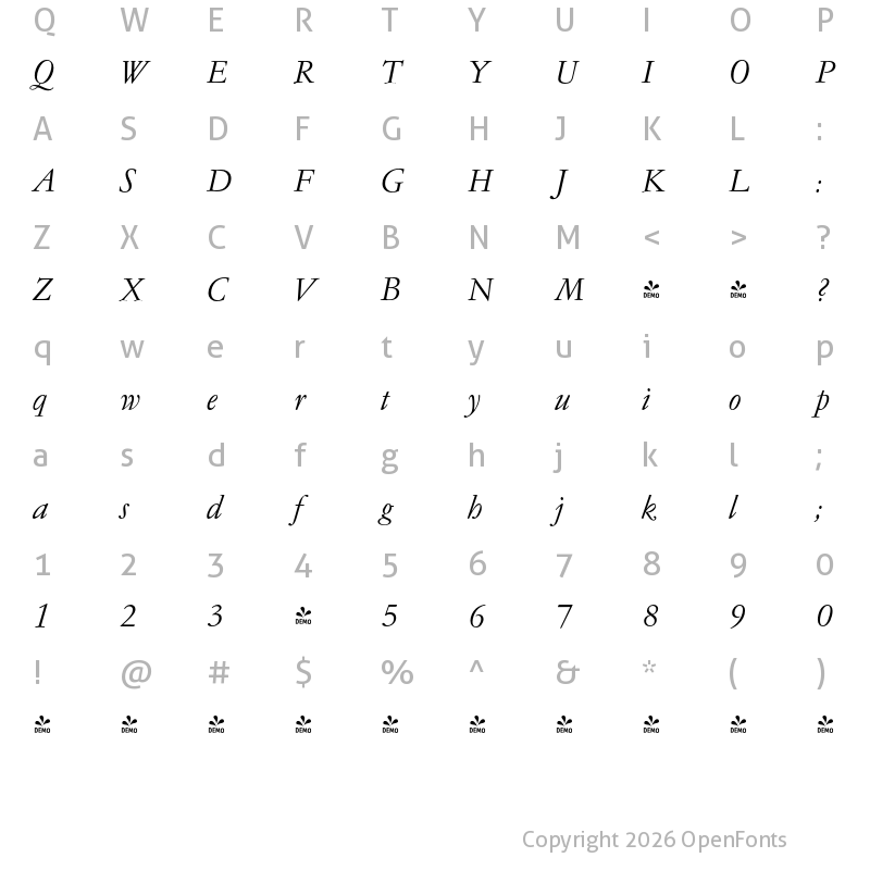 Character Map of FONTSPRING DEMO - German Garamond Pro Italic