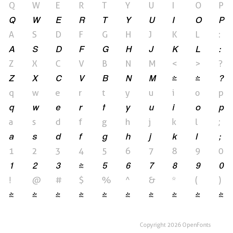 Character Map of FONTSPRING DEMO - GGX88 Bk Italic