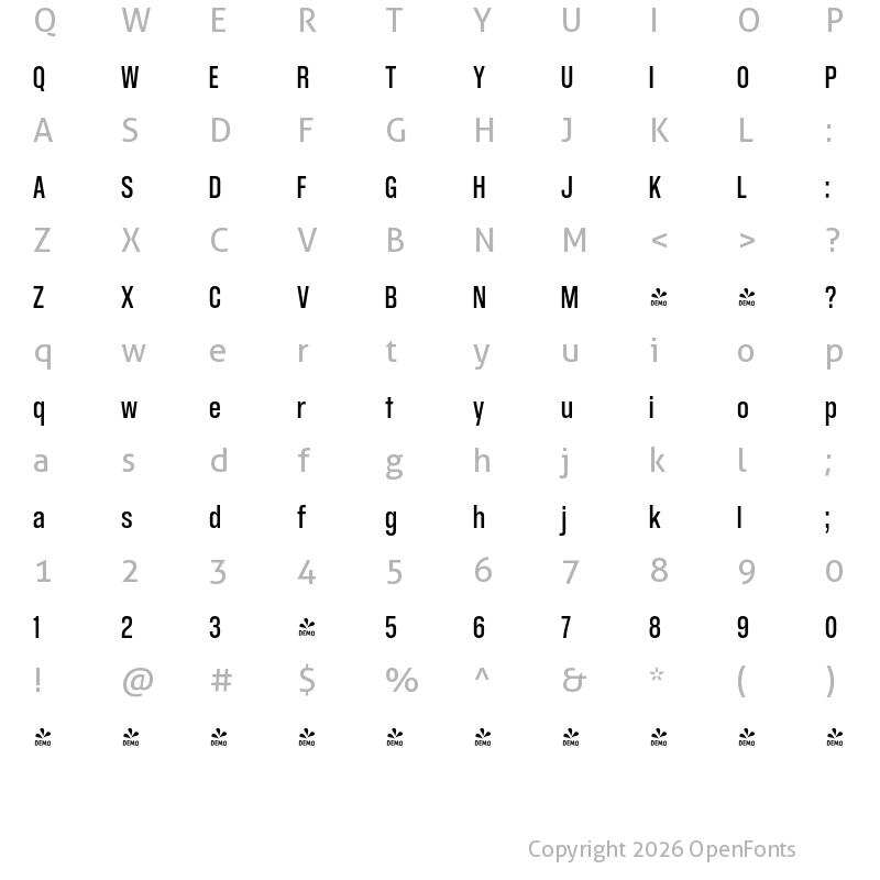 Character Map of FONTSPRING DEMO - GGX89 Condensed Rg Regular