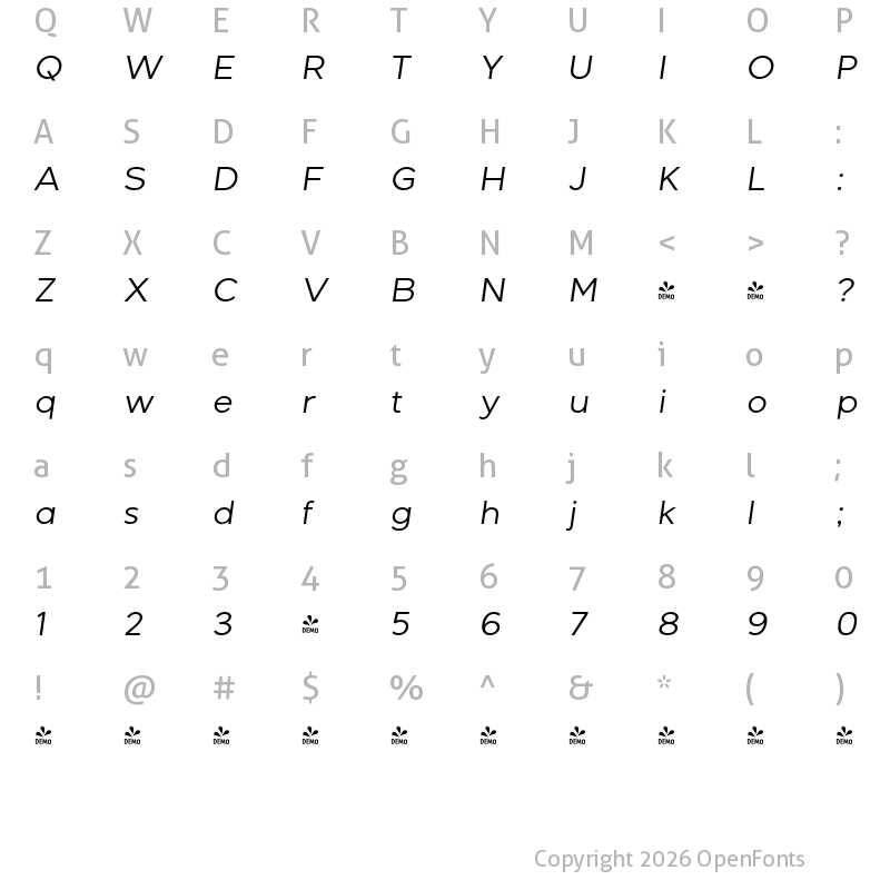 Character Map of FONTSPRING DEMO - Giga Sans Italic