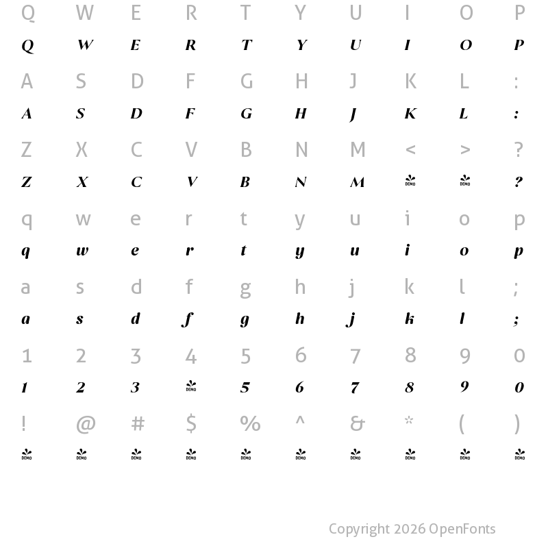 Character Map of FONTSPRING DEMO - Gildan Bold Italic