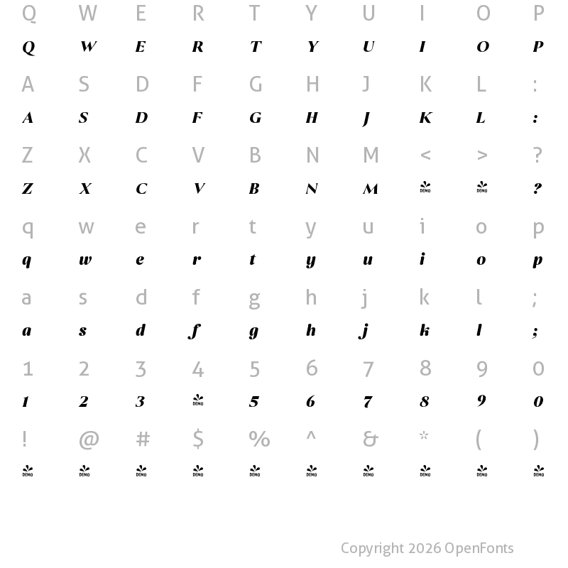 Character Map of FONTSPRING DEMO - Gildan ExtBd Italic