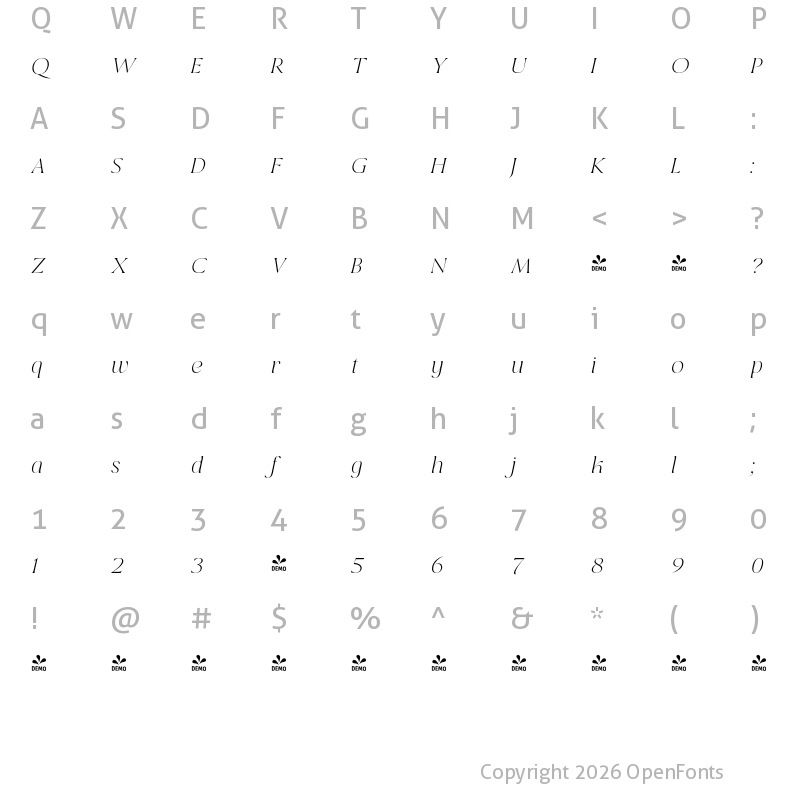 Character Map of FONTSPRING DEMO - Gildan ExtLt Italic
