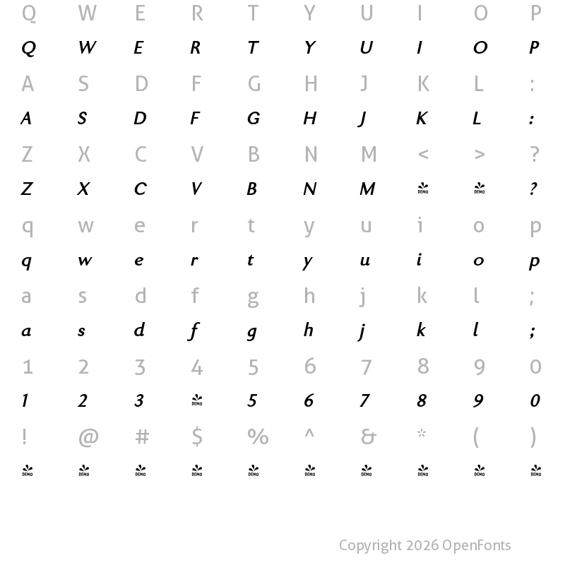 Character Map of FONTSPRING DEMO - Gill New Antique Bold Italic