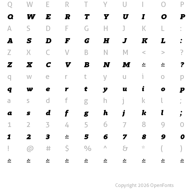 Character Map of FONTSPRING DEMO - Gimbal Egyptian Extd Heavy Italic