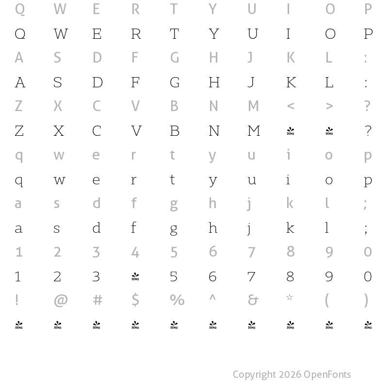 Character Map of FONTSPRING DEMO - Gimbal Egyptian Extd Light Regular