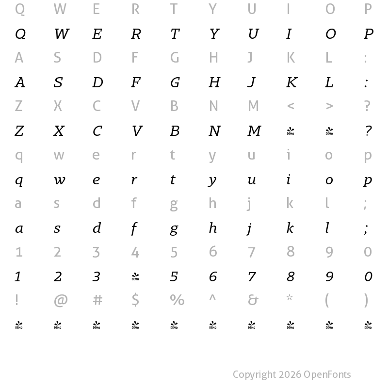 Character Map of FONTSPRING DEMO - Gimbal Egyptian Extended Italic