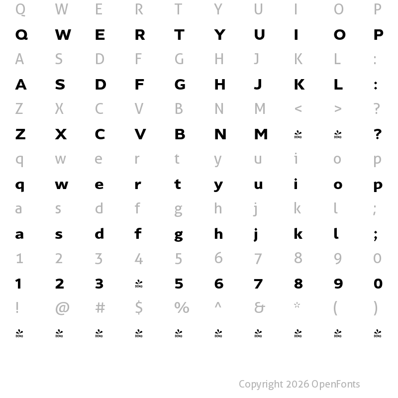 Character Map of FONTSPRING DEMO - Gimbal Grotesque Extended Bold