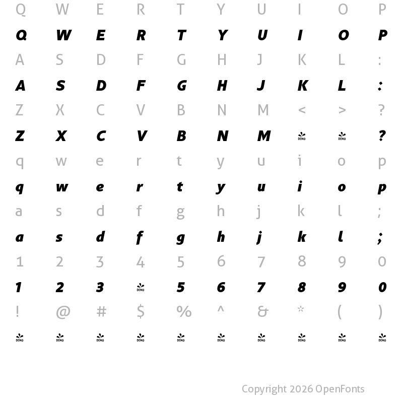 Character Map of FONTSPRING DEMO - Gimbal Grotesque Heavy Italic
