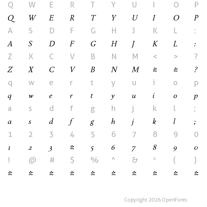Character Map of FONTSPRING DEMO - Girando Pro Italic