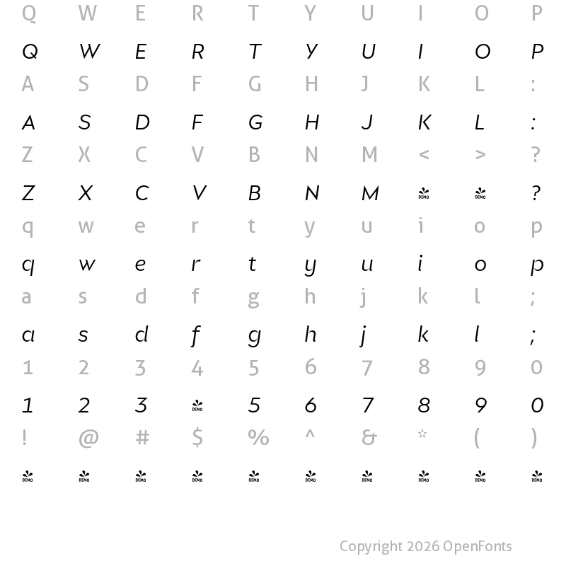Character Map of FONTSPRING DEMO - Glance Sans Italic