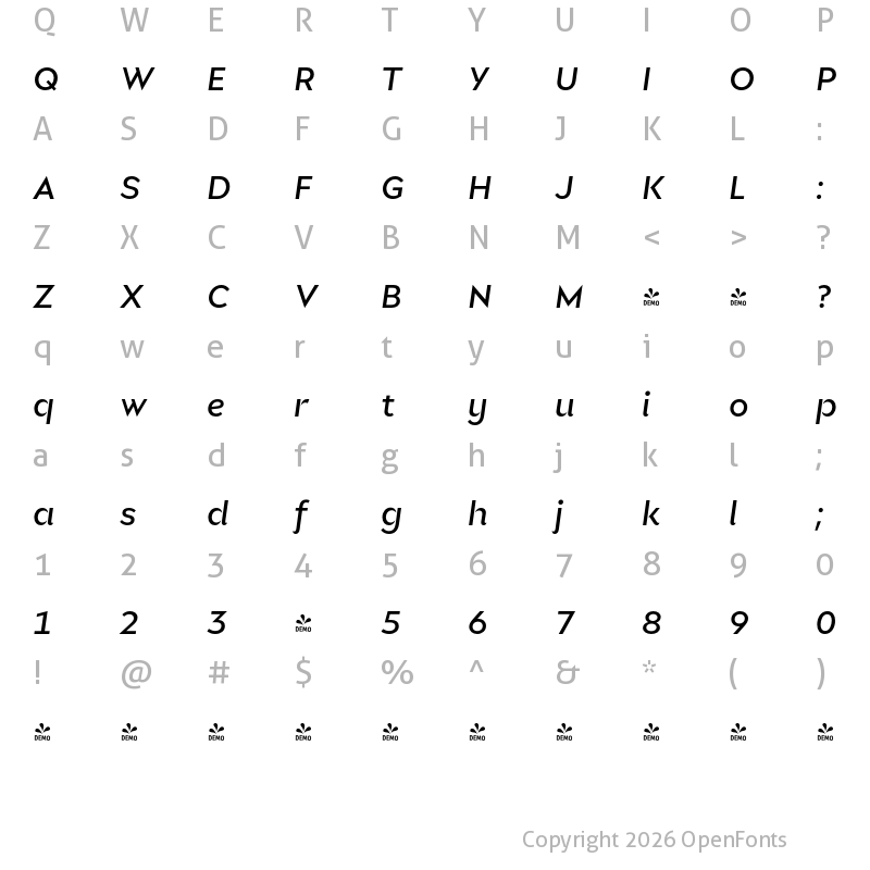 Character Map of FONTSPRING DEMO - Glance Sans Medium Italic