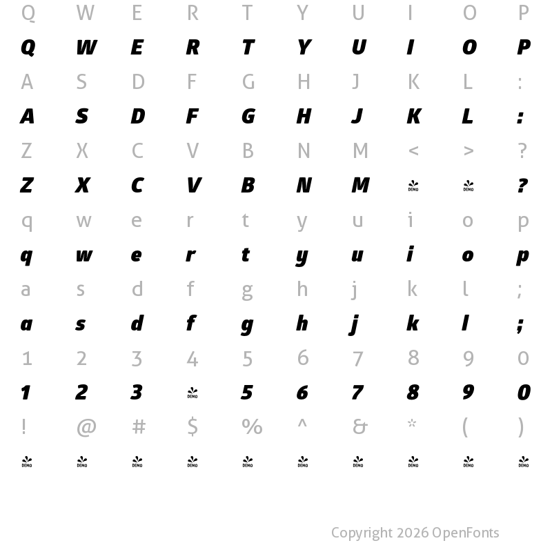 Character Map of FONTSPRING DEMO - Glober Black Italic