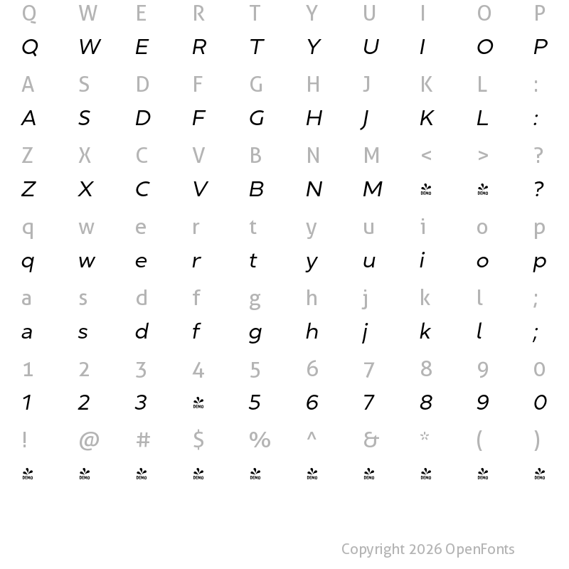 Character Map of FONTSPRING DEMO - Golca Italic