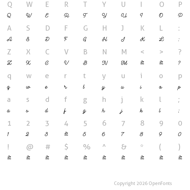 Character Map of FONTSPRING DEMO - Goldana Script Script