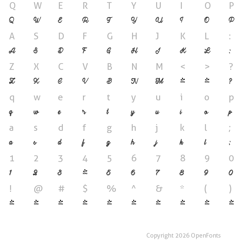 Character Map of FONTSPRING DEMO - Goldana Script Shadow Script Shadow