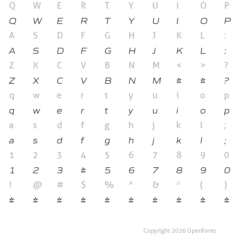 Character Map of FONTSPRING DEMO - Gomme Sans Light Italic