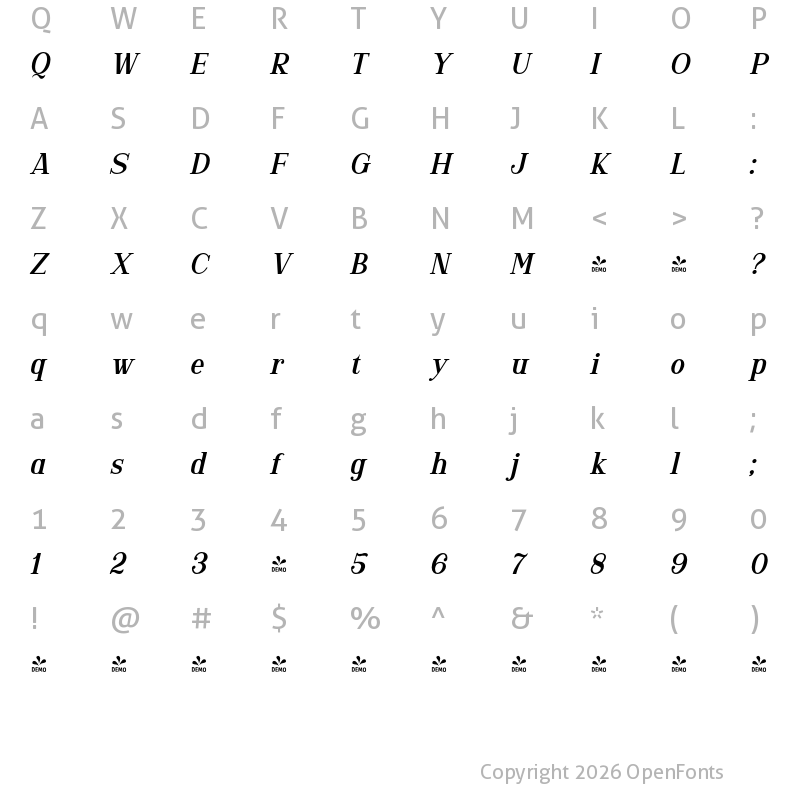 Character Map of FONTSPRING DEMO - Gorgone Bold Italic
