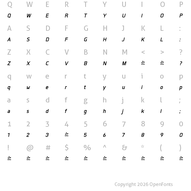 Character Map of FONTSPRING DEMO - Gram Bold Oblique