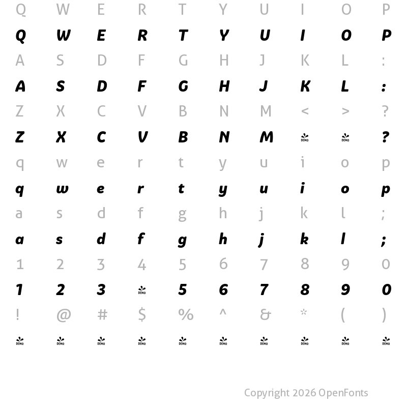 Character Map of FONTSPRING DEMO - Graviola Soft Heavy Italic