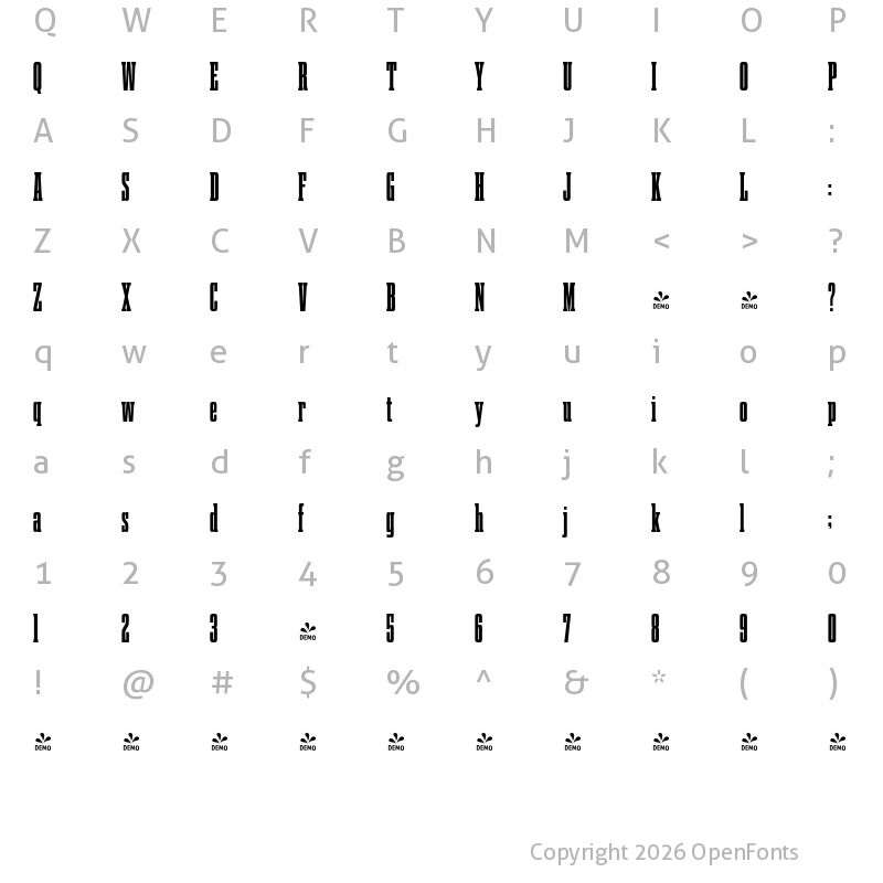 Character Map of FONTSPRING DEMO - Gravtrac Cm Hv Regular