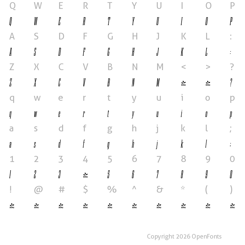 Character Map of FONTSPRING DEMO - Gravtrac Cr Rg Italic