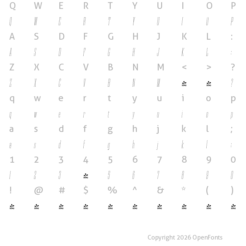 Character Map of FONTSPRING DEMO - Gravtrac Cr Ul Italic