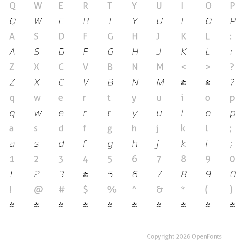 Character Map of FONTSPRING DEMO - Great Escape El Italic